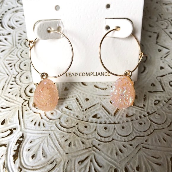 Jewelry - Pink Light Druzy Teardrop Charm Hoop Earrings